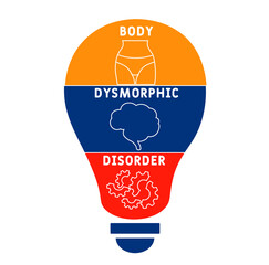 BDD - Body Dysmorphic Disorder acronym. medical concept background.  vector illustration concept with keywords and icons. lettering illustration with icons for web banner, flyer, landing 