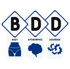 BDD - Body Dysmorphic Disorder acronym. medical concept background.  vector illustration concept with keywords and icons. lettering illustration with icons for web banner, flyer, landing 