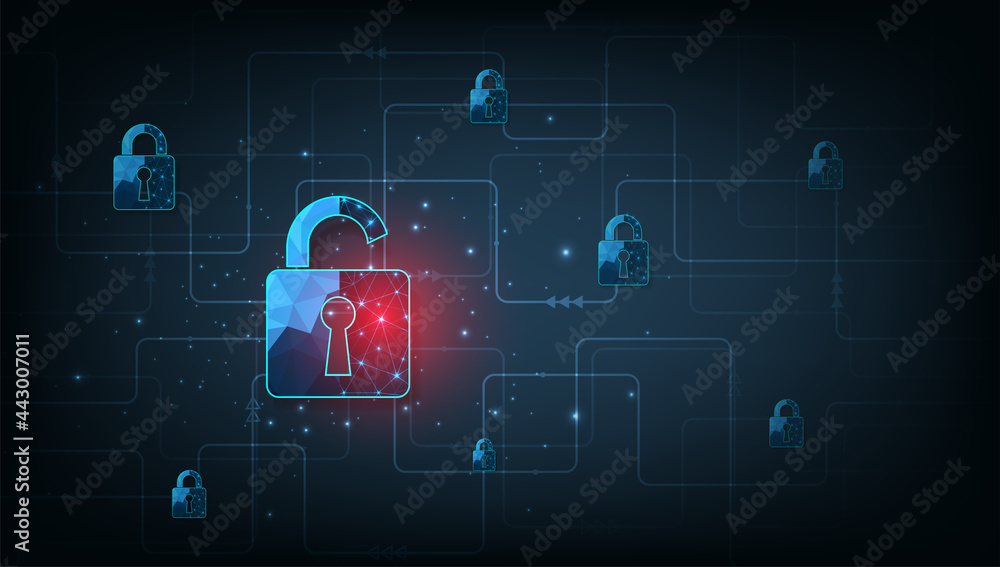 Poster Data attacks.Visualization of cyber attacks With Padlock  destroyed on dark blue background.Cyber attack and Information leak concept.Vector illustration.