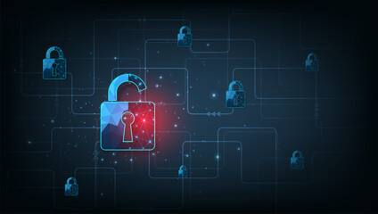 Data attacks.Visualization of cyber attacks With Padlock  destroyed on dark blue background.Cyber attack and Information leak concept.Vector illustration.
