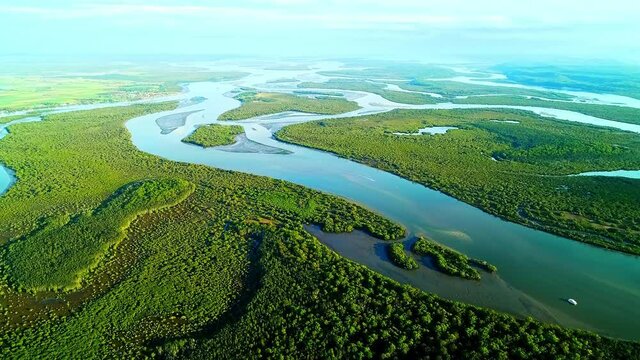 Aerial view of the green land, rivers and beautiful natural landscapes of Redland, Australia