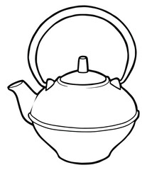 Cast iron teapot. Dishes for the Chinese tea ceremony. Coloring page. Black outline. 