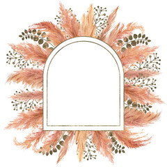Watercolor boho bouquet with dried pampas grass and silver geometric frame on isolated on white background. Flower illustration for wedding or holiday design of invitations, postcards, printing © Natika_art