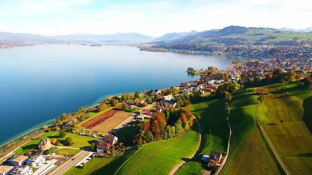 Aerial view of Lake Zurich and the nearby beautiful landscape in municipality of Richterswil