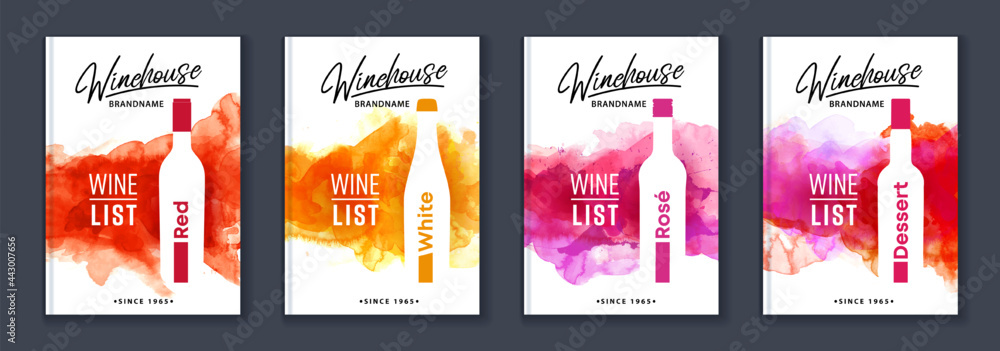 Sticker wine list menu cover bundle set of watercolor background with shape of wine bottle