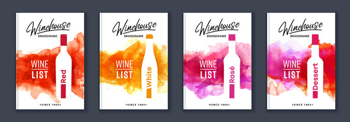 Wine list menu cover bundle set of watercolor background with shape of wine bottle