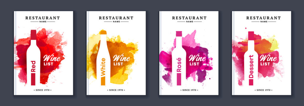 Wine list menu cover bundle set of watercolor background with shape of wine bottle