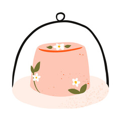 Bakery and Pastry elements cake with blooming flowers with glass dome lid vector illustration