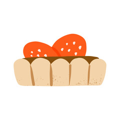 tart with strawberries and chocolate whipped custard cream. Tasty dessert, confection or sweet pastry. Decorative design element in hygge style. Cartoon vector illustration.