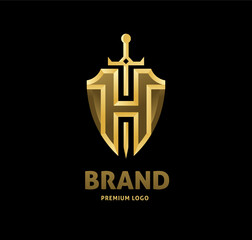 creative initial letter H with swords and shield logo vector