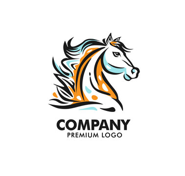 Colorful horse head logo vector illustration. Colorful decorative contour portrait of beautiful horse with long mane