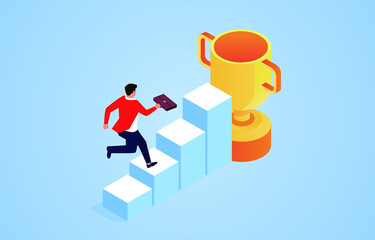 Businessman running along the steps to the trophy, the process of success