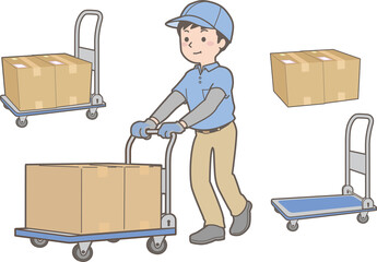 台車でダンボール荷物を運ぶ作業員