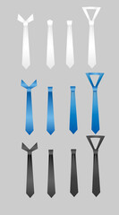 Set of ties.Collection of necktie isolated on gray background.Realistic vector illustration.Sign, symbol, icon or logo.Mockup template.Blue, white and black.