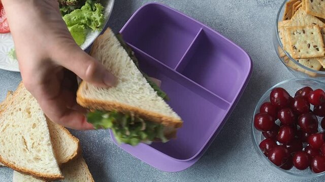 Woman takes, puts a sandwich in a lunch box. Lunch for school or office, a healthy snack sandwich, cherry and cookies.