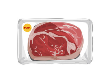 Uncooked pork in a plastic pack. Isolated pice of meat prepared on white plate and wrap with plastic wrapped, uncooked ingredient on white background. Anime food handrawing vector illustration.