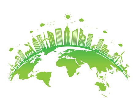 Ecology concept with green city on earth. World environment and sustainable development. Vector illustration in flat design. isolated on white background. Clean and natural energy.