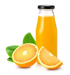 Orange juice in glass bottle isolated on white.