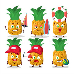 Happy Face pineapple cartoon character playing on a beach