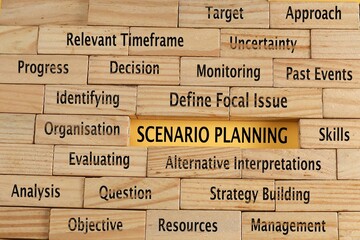 Scenario Planning cloud on pieces of wooden sticks.  Business and planning concept