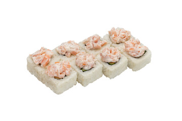 Set of sushi rolls with seafood, cream cheese and shrimps on top. Isolated on white, close-up.