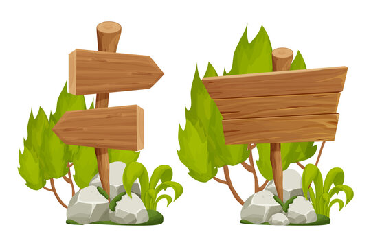 Set wooden pointer, signboards with rock pile, moss and foliage in cartoon style isolated on white background. Ui assets, design elements. Textured old tree branch with plank.