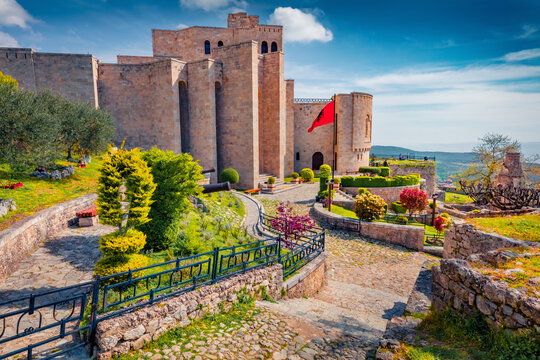 Captivating spring view of Castle of Kruja. Beautiful morning landscape of Albania, Europe. Traveling concept background.