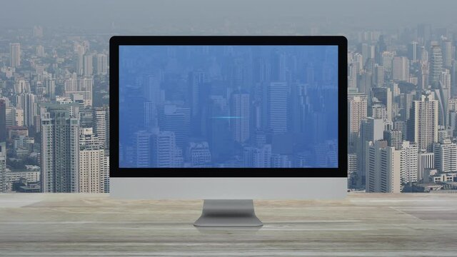 Law flat icon on desktop modern computer monitor screen on wooden table over office building tower and skyscraper in city, Business legal service online concept