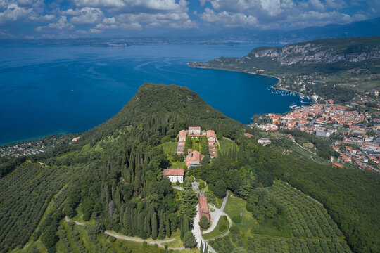 Monastery on the Eremo di San Giorgio hill,.Lake Garda, Italy. Aerial view of Eremo di San Giorgio, Bardolino. Home of Italian monks, lake garda.