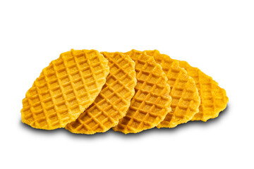 High angle view heap of homemade crispy waffles on white background.