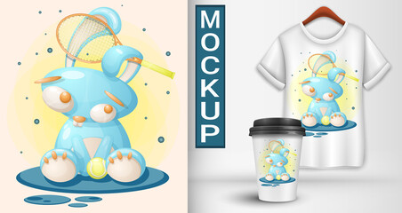 Bunny is a tennis player. Cartoon illustration.