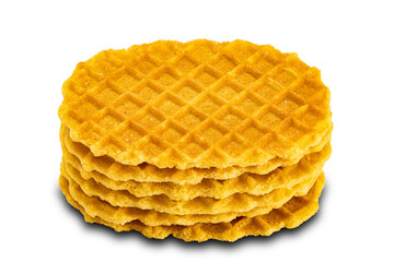 Stack of homemade sweet crispy waffles on white background.