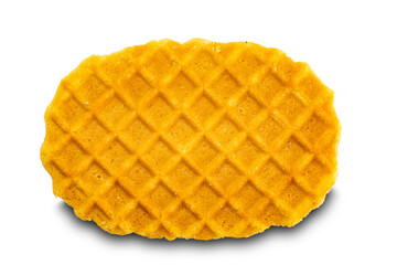 Top view of single freshly baked crispy waffle on white background.