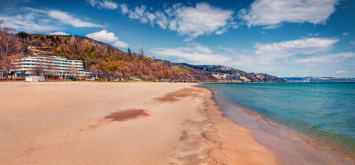 Empty shore of Albena village. Colorful morning scene of Bulgaria, Europe. Panoramic seascape of...