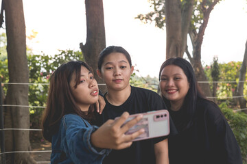 Three good teenage friends take some selfies while hanging out in the park. Weekend lifestlye.