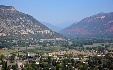 scenic overlook looking down at the town of durango in the san juan mountains of southern colorado