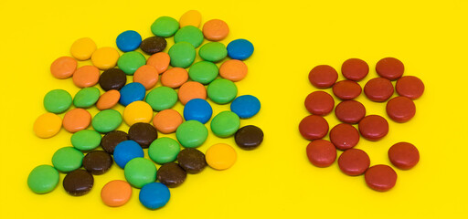 Small chocolate dragee color. Candy on a yellow background. red chocolate lentils separated from the rest
