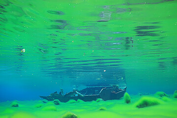 sunken boat underwater landscape, shipwreck diving, search adventure