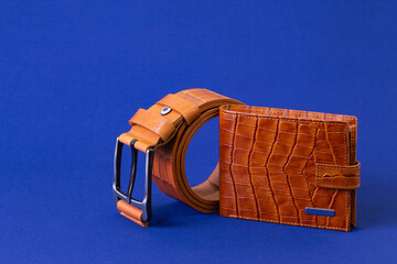 Brown reptile leather wallet and belt on blue fabric background. Fashion and shopping concept - obrazy, fototapety, plakaty