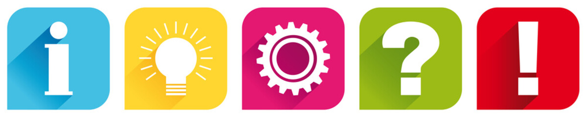 Buttons Information, Idee , Zahnrad, Fragezeichen,  Ausrufezeichen, Achtung, Zeichen, Symbol, bunt, pink, gelb, grün,