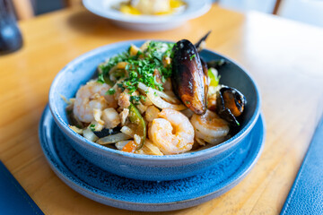 Delicious mix ceviche, sea food entrance with shrimp, octopus, shells, fish 