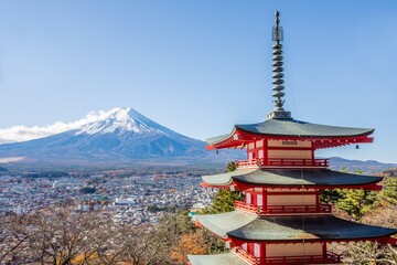 Yamanashi; Japan - The Fuji-San and city in high view with night blue clear sky take from Chureito Pagoda view Point; Shimoyoshida station; near Kawaguchiko and Tokyo.
