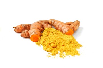 Turmeric (Curcuma longa) with turmeric powder, isolated on a white background