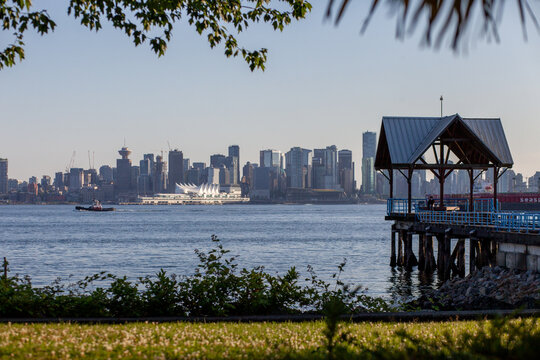 The view from Waterfront Park in North Vancouver, looking at the Vancouver Canada Place Sails across the Burrard Inlet