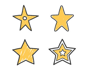 Four yellow hand drawn doodle stars