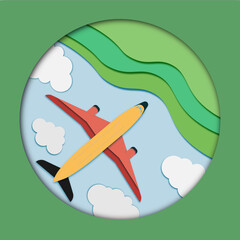 The plane flies over the field surrounded by clouds. Vector illustration of airplane in cut paper style.