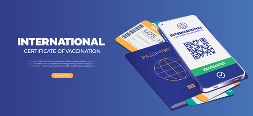Health passport with QR code on smartphone screen Passport with boarding ticket The plane took off. Traveling to new requirements Covid-19 prevention health care vector illustration