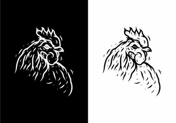 Black and white illustration drawing of rooster