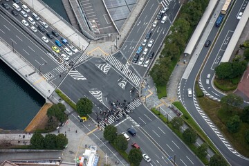 Yokohama, Japan aerial street top view of city traffic. 