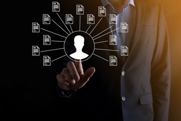 Document Management System DMS .Businessman hold user and document icon.Software for archiving, searching and managing corporate files and information.Internet Technology Concept.Digital security.